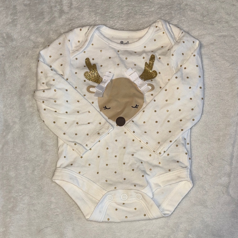 (3 for $10) Cream Long-Sleeve Reindeer One-Piece Bodysuit with Gold Accents